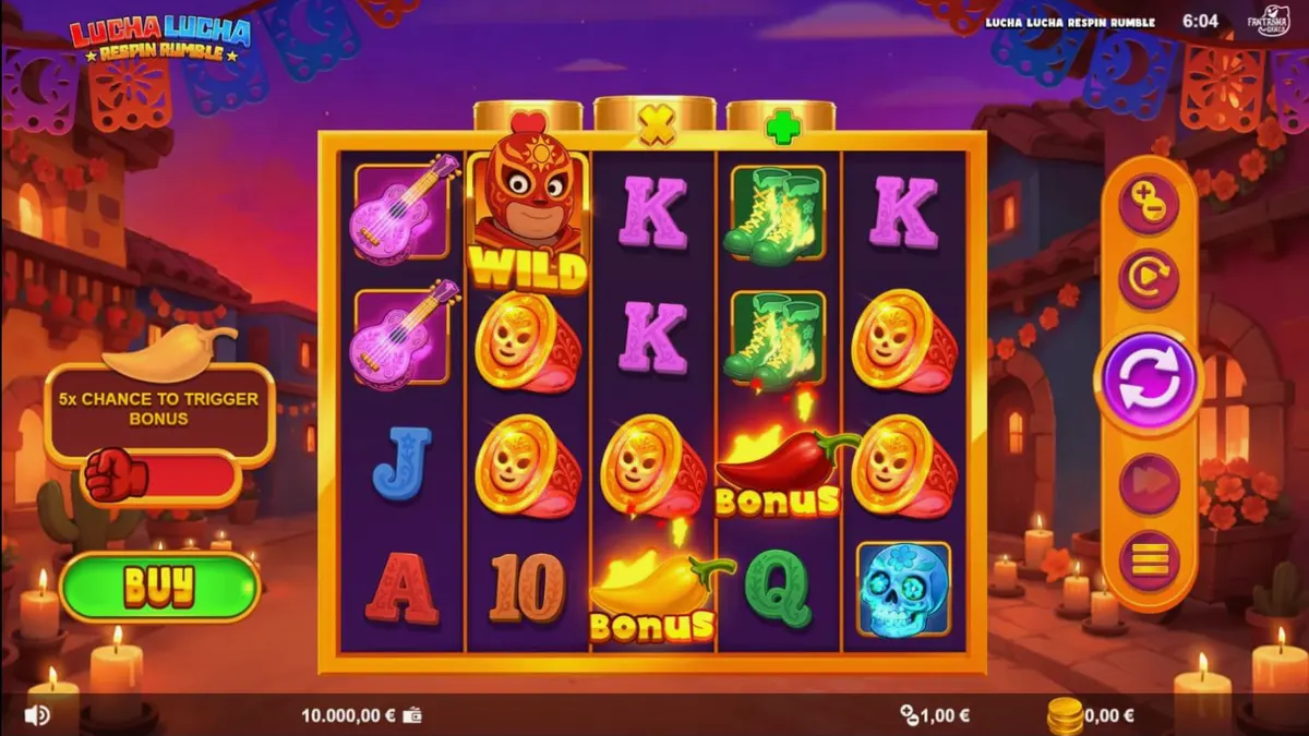 Slot Lucha Lucha Respin Rumble com temática mexicana e lutadores de Lucha Libre