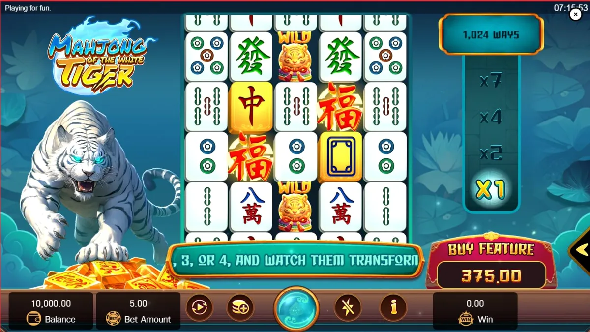 Interface do jogo Mahjong of the White Tiger com símbolos de Mahjong e um tigre branco